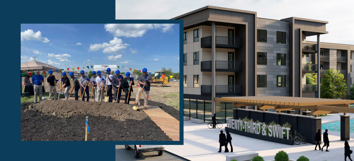 Ground Breaking Graphic with image of Bonaventure employees shoveling dirt and a rendering of the building