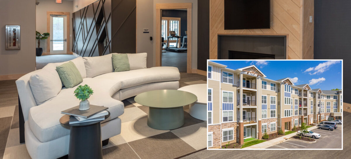 Two image graphic showing the interior and exterior of a multifamily development