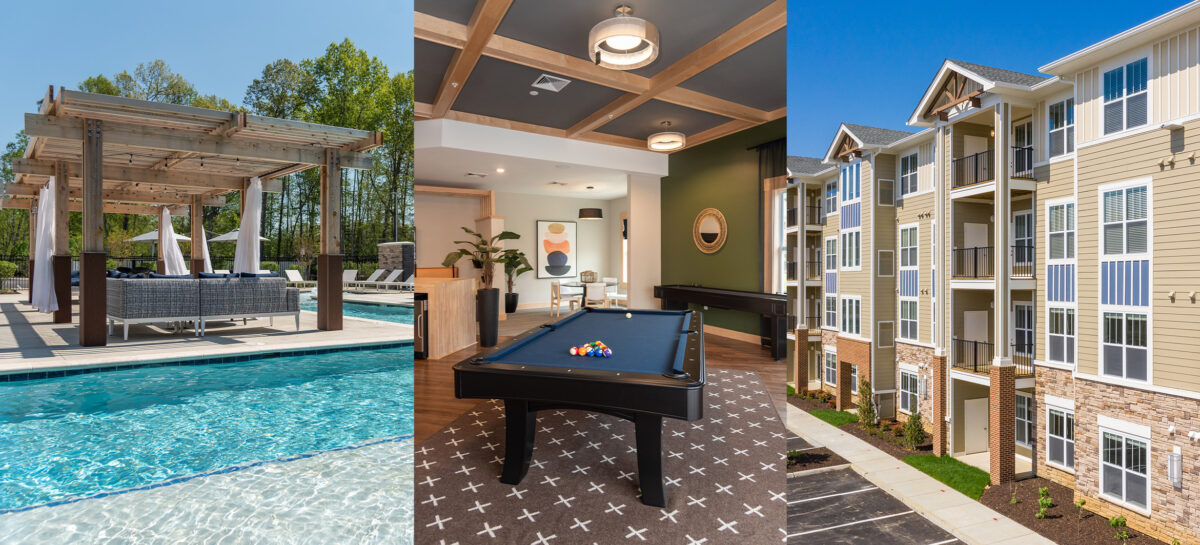 Three image graphic with photos of a pool, game room and the exterior of the building