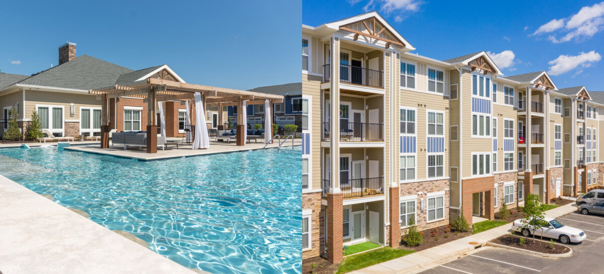 Photos of multifamily building exterior and pool