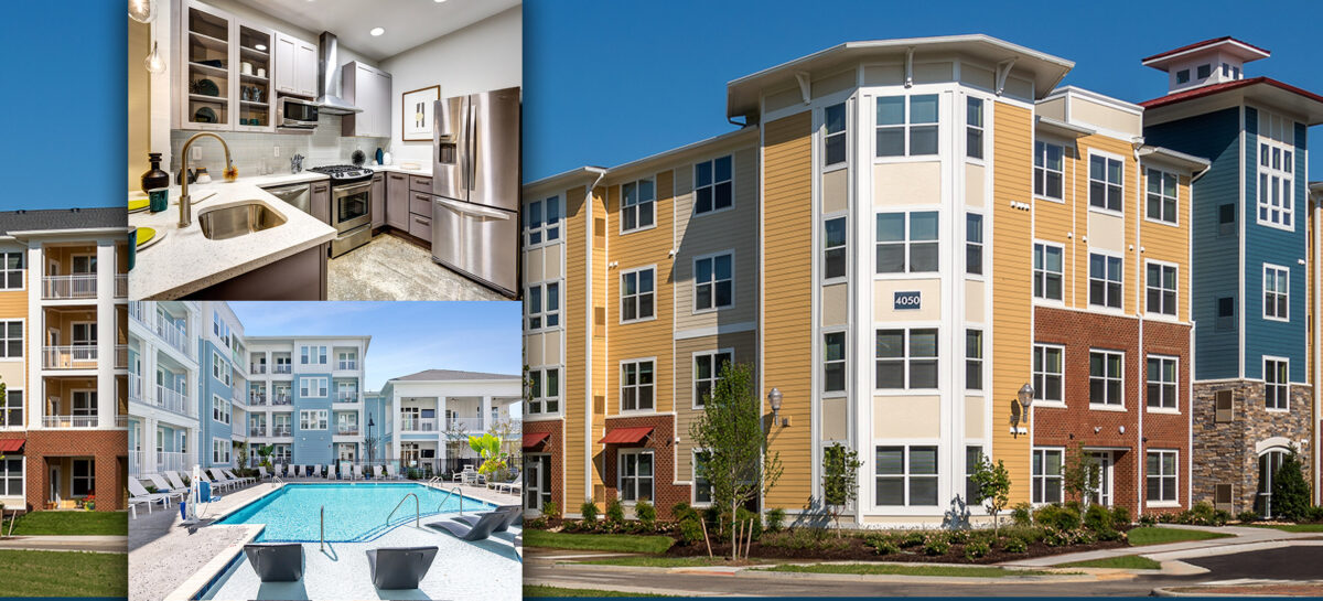 Three image graphic with photos of the exterior and interior of a multifamily development