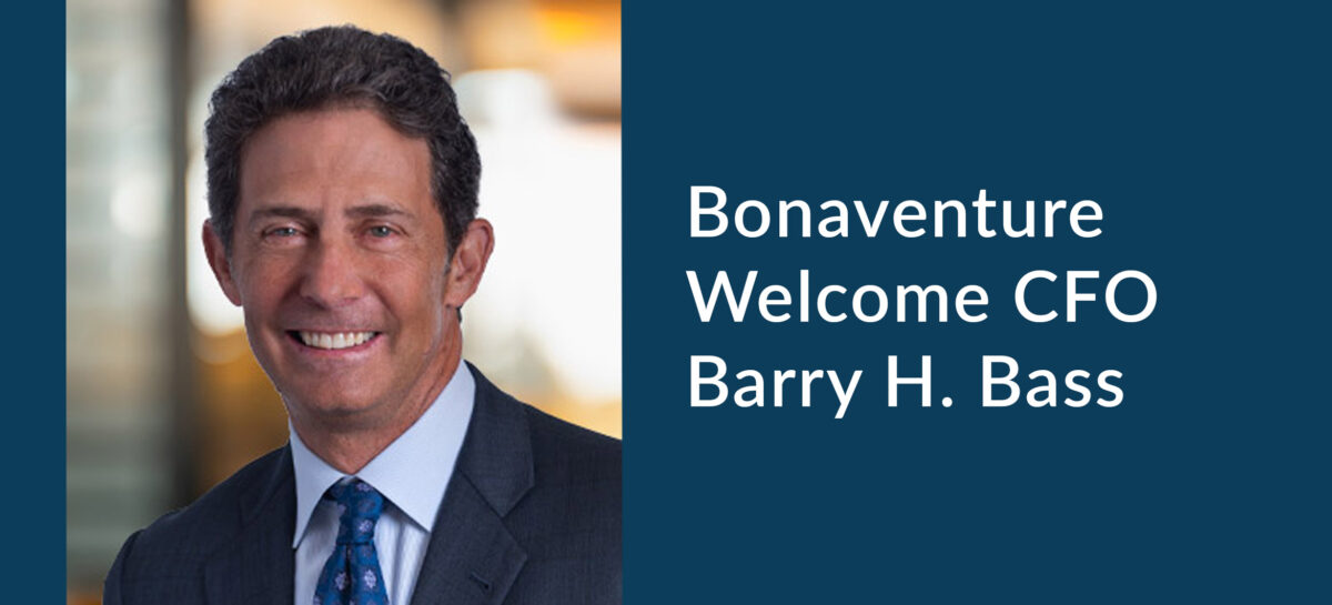 Graphic with Photo and words Bonaventure welcome CFO Barry H Bass