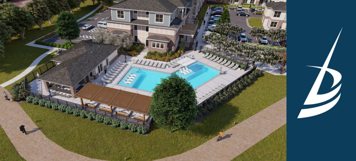 Aerial View of multifamily development and pool with Bonaventure B icon on the lefthand side