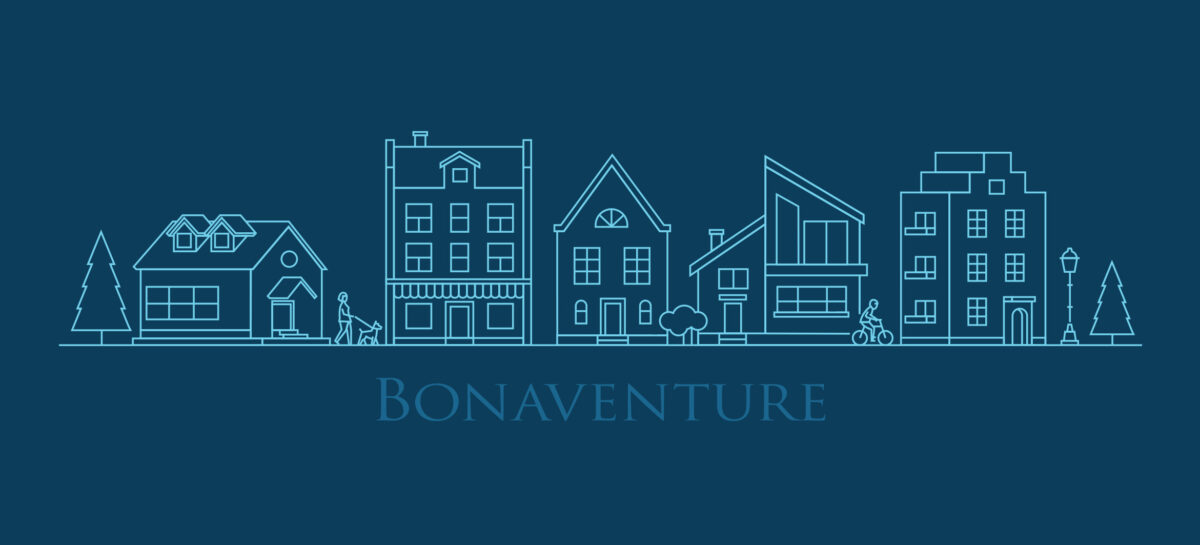 Graphic with line drawing of buildings and the word Bonaventure under it