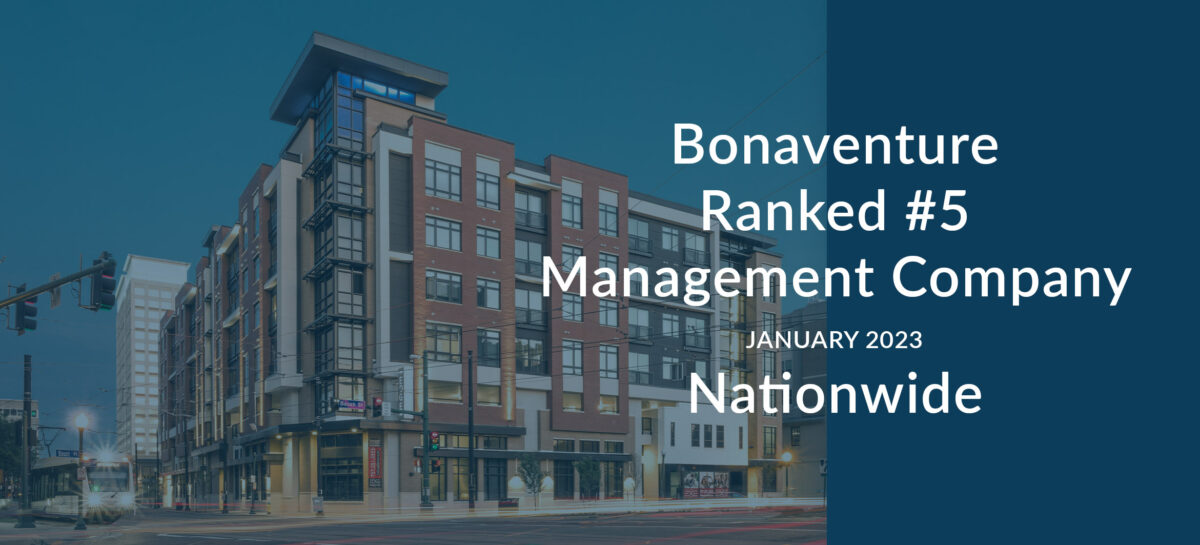 Blue graphic with image of a building and the words Bonaventure ranked #5 Management Company Nationwide. January 2023