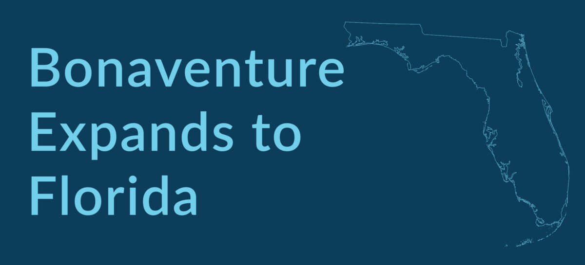 Blue Graphic with the words Bonaventure enters Florida and an outlined image of the state of Florida
