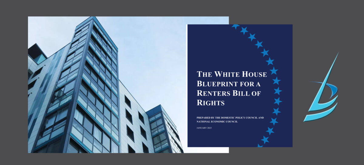 Graphic with image of building on the left, a blue box in the middle with the words The white house blueprint for a renters bill of rights. The Bonaventure B icon is on the left
