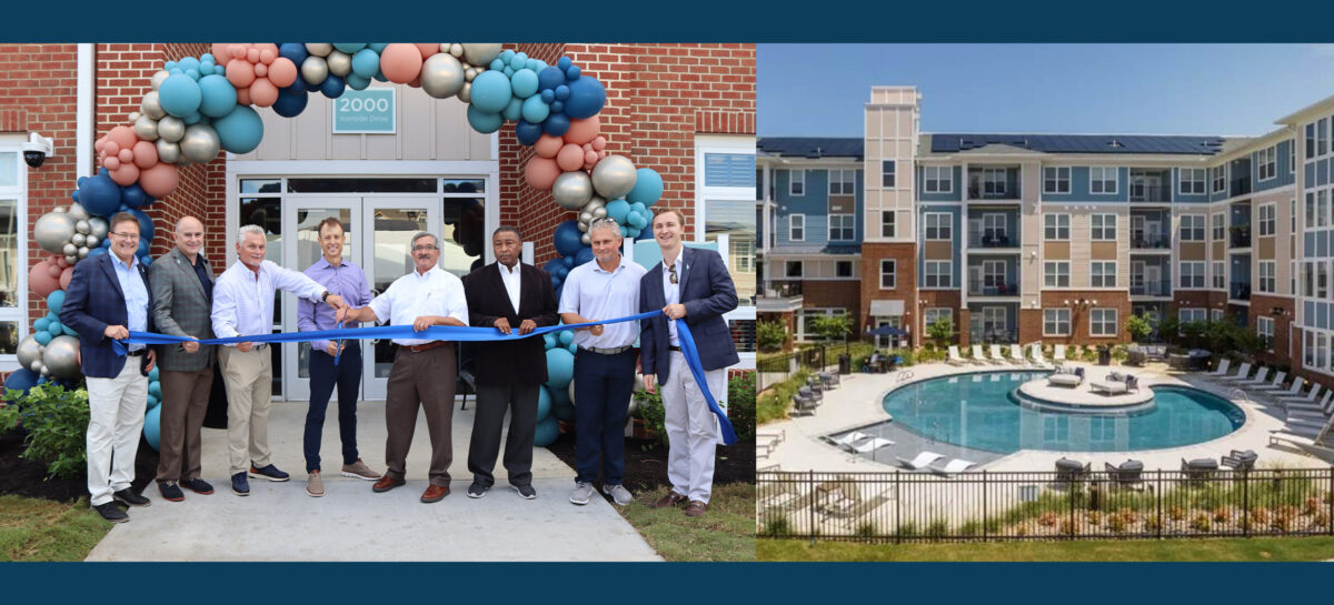 Photo of multifamily development on the right and a ribbon cutting on the left