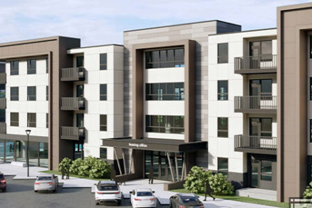 Rendering of multifamily building with the parking lot and cars out front