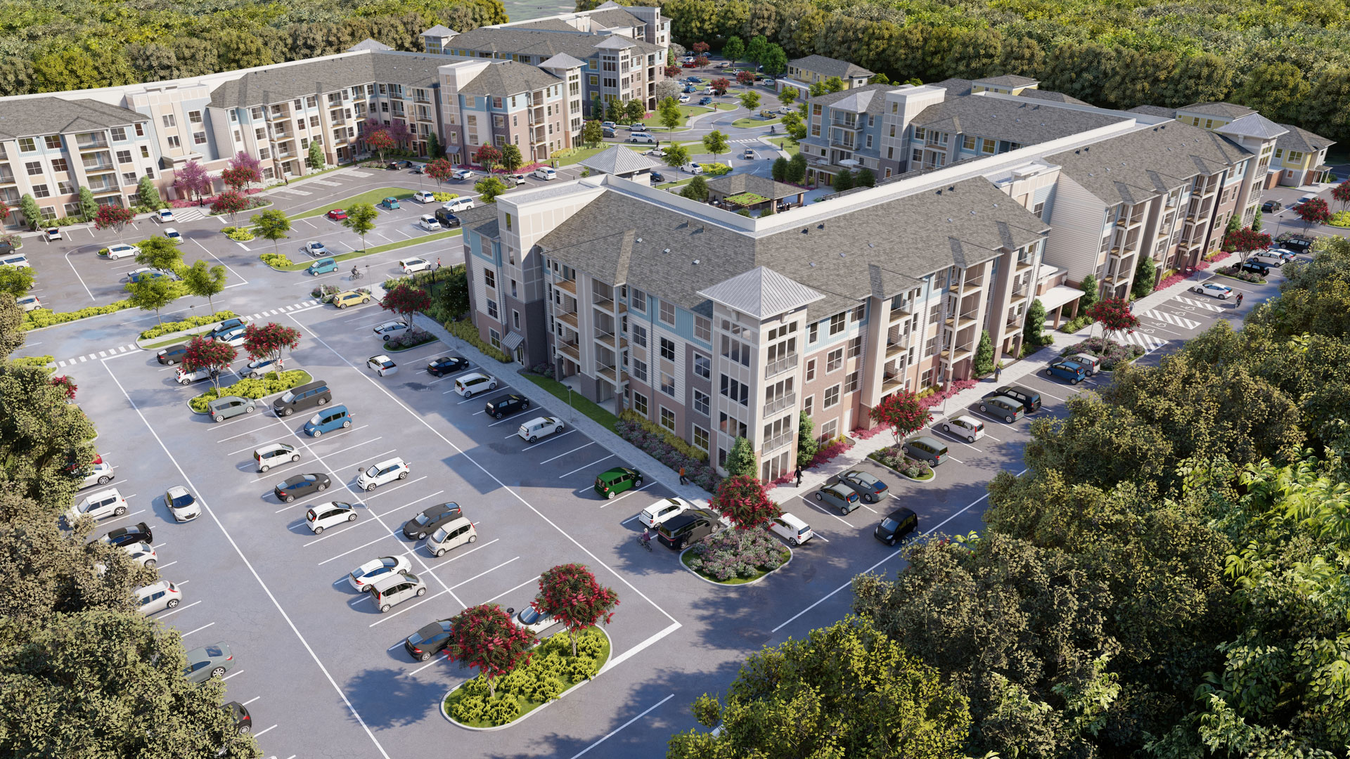 Aerial rendering view of the multifamily complex. Showing the building and parking lots