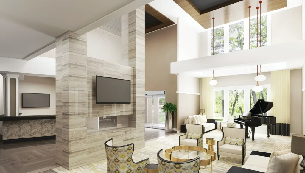 Aspire West End community lounge with fireplace and piano.