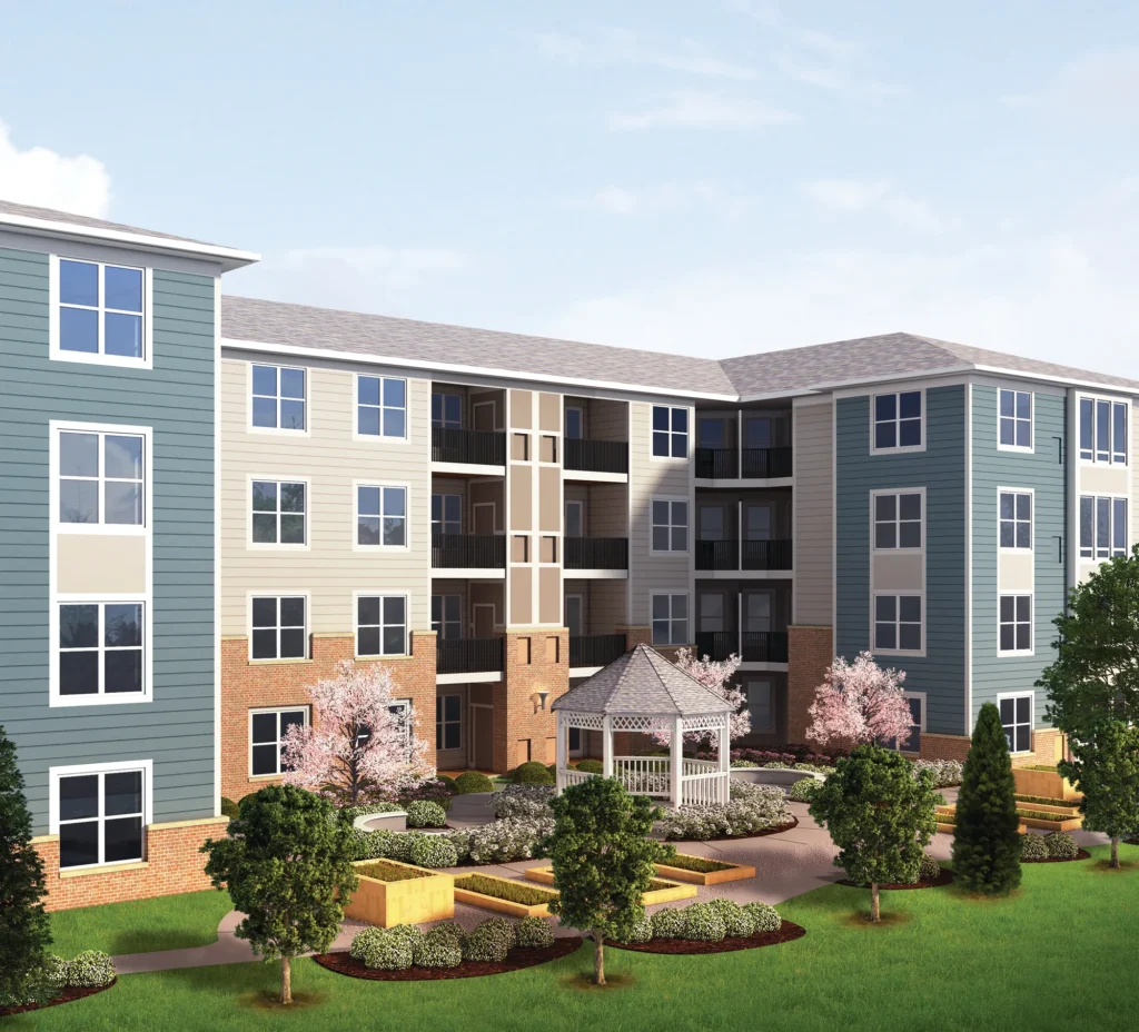 Landscaped courtyard rendering at Aspire West End.