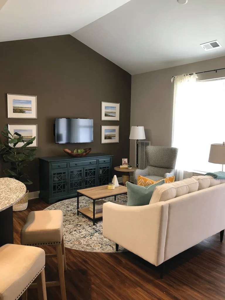 Furnished living room in an Aspire West End apartment.