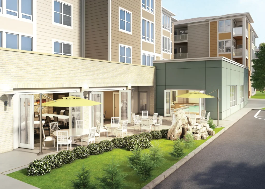 Outdoor patio and dining area at Aspire West End.