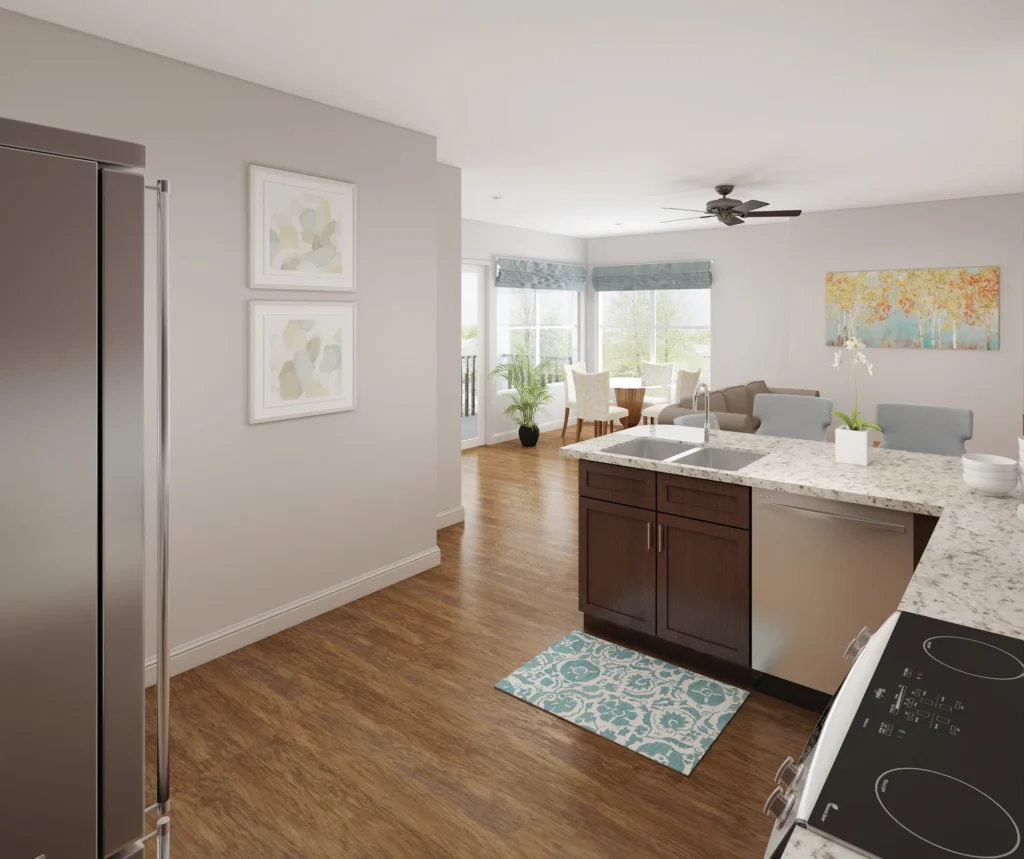 Aspire West End apartment kitchen with granite island and stainless-steel appliances.
